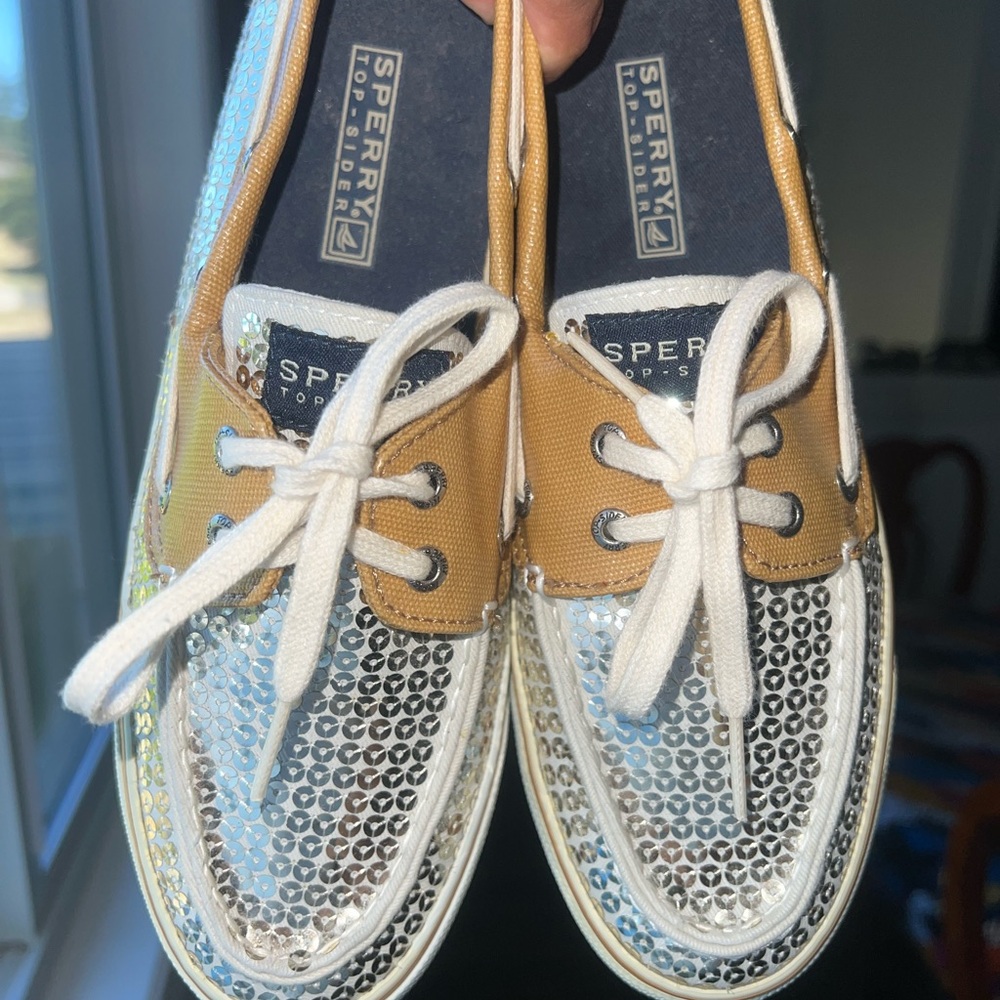 Like new Sperry Top Sider Boat Shoes Womens Gold Moc Toe Lace Up Low Sequins37.5